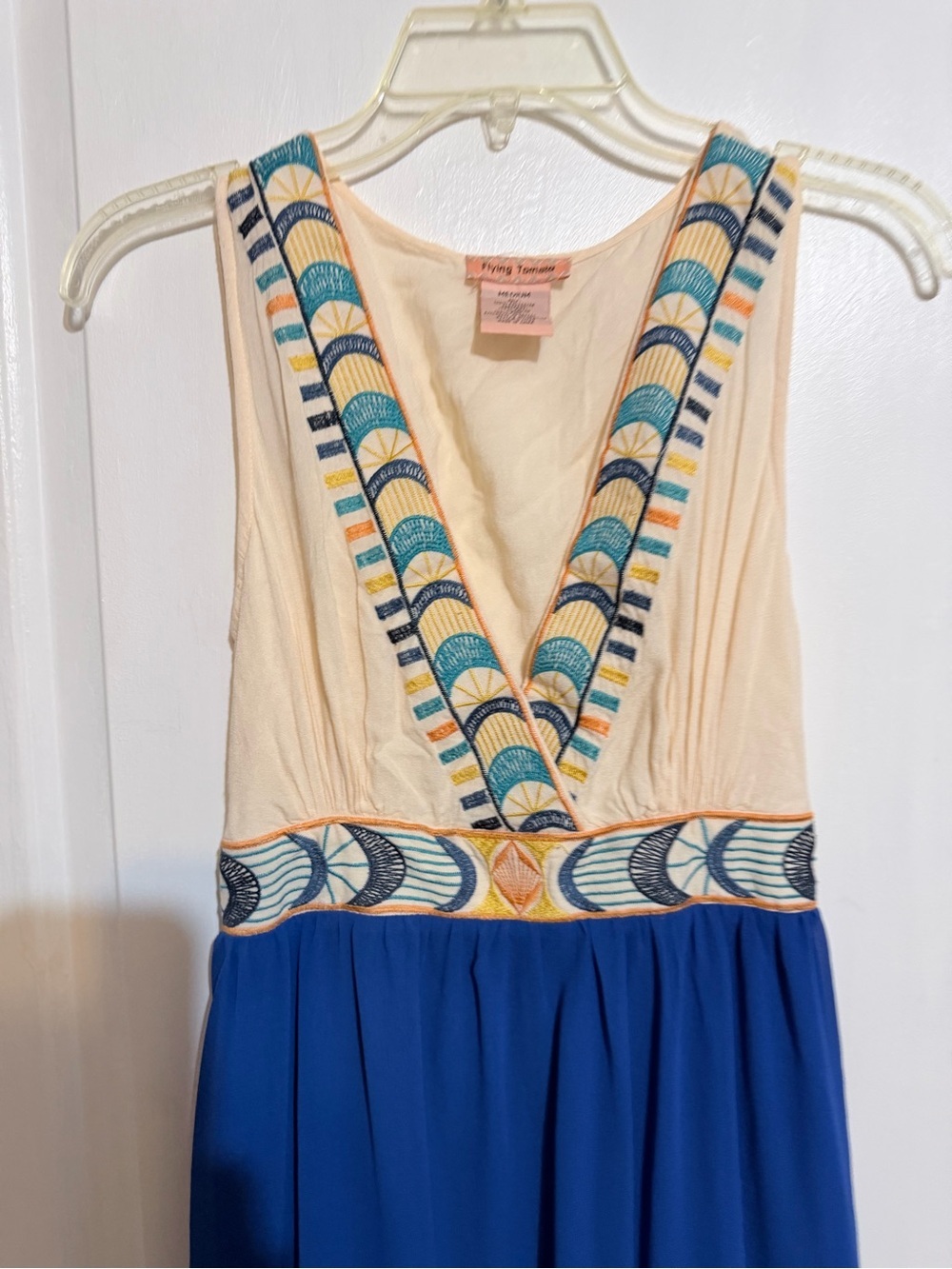 Blue and Cream Embroidered V-Neck Maxi Dress Flying Tomato - Picture 3 of 6